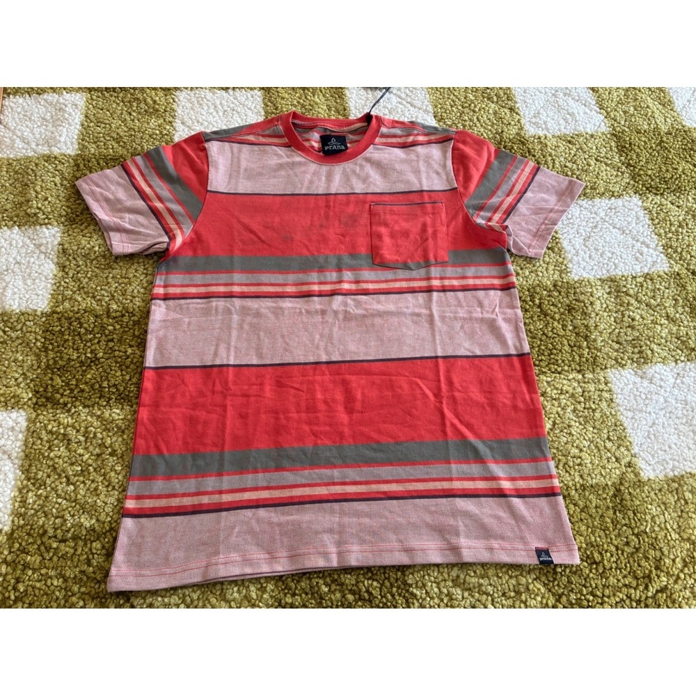 Prana Dominic Crew Striped Pocket T-Shirt Mens Medium Koi Red Organic Cotton NEW